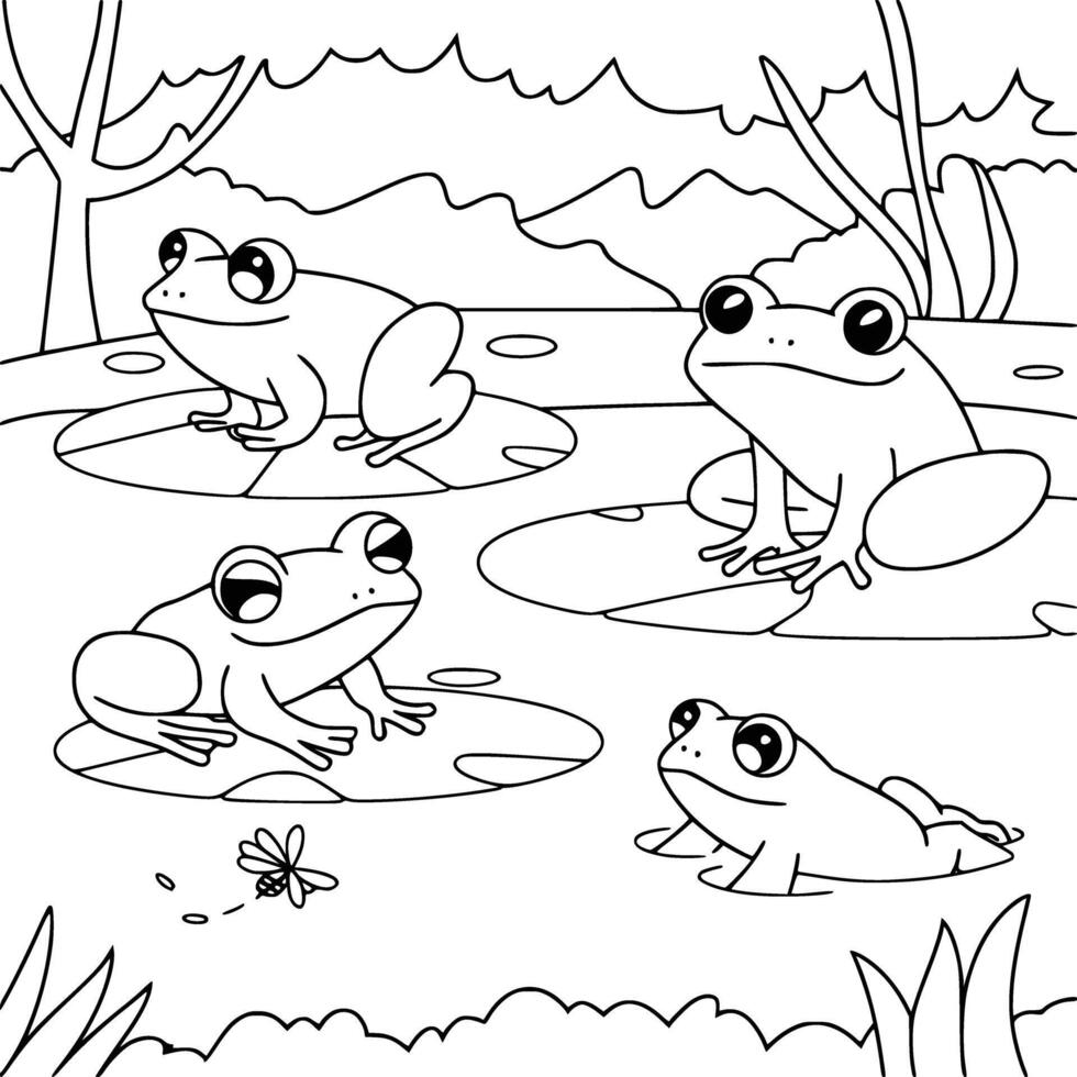 Bold black and white hand-drawn illustrations of 4 playful frogs doodling hopping in ponds, resting on lily pads, catching flies, and swimming in clear water, isolated on white. vector