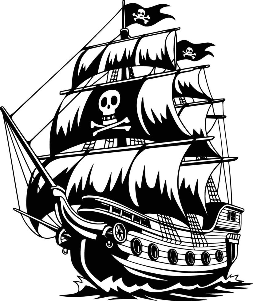 Black and white bold illustrations of a ancient pirate ship, isolated on white background. vector