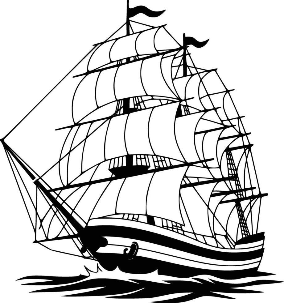 Black and white bold illustrations of a sailing ship, isolated on white background. vector