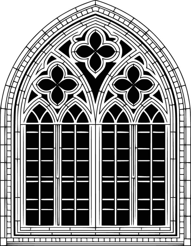 Black and white bold illustrations of a gothic window, isolated on white background. vector