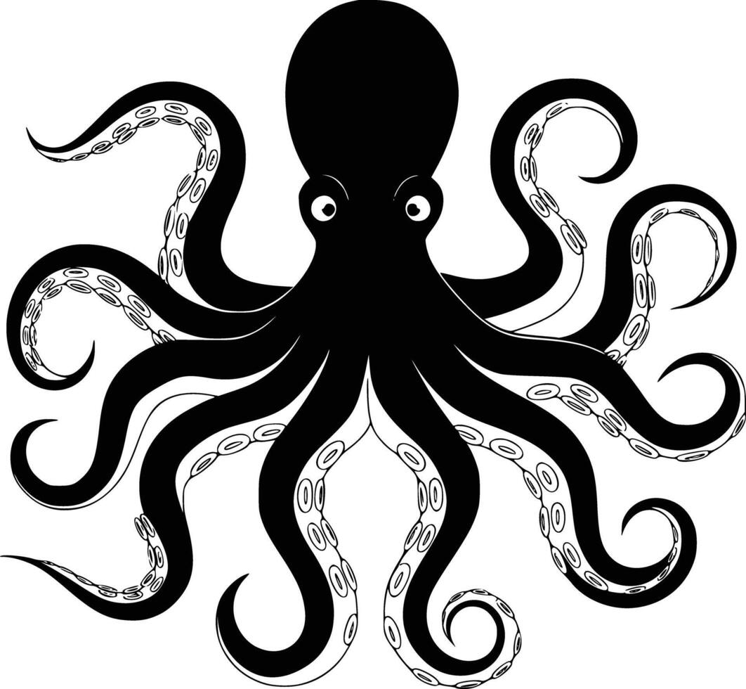 Black and white bold illustrations of a giant octopus, isolated on white background. vector
