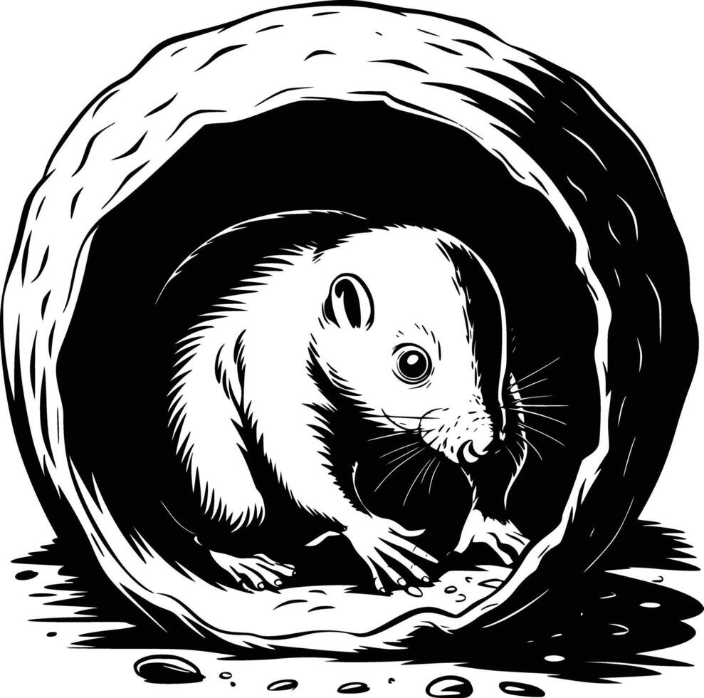 Black and white bold illustrations of a mole digging tunnel, isolated on white background. vector