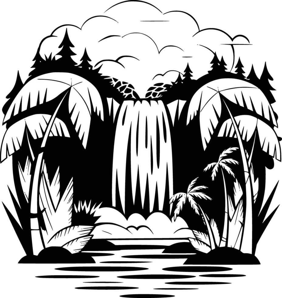 Black and white bold illustrations of a waterfall in jungle, isolated on white background. vector