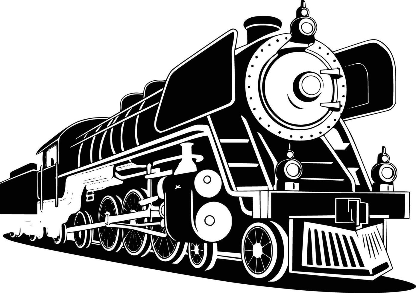 Black and white bold illustrations of a steam locomotive, isolated on white background. vector