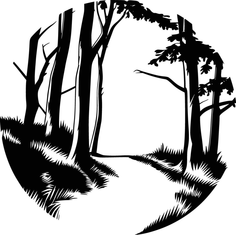 Black and white bold illustrations of a forest trail, isolated on white background. vector