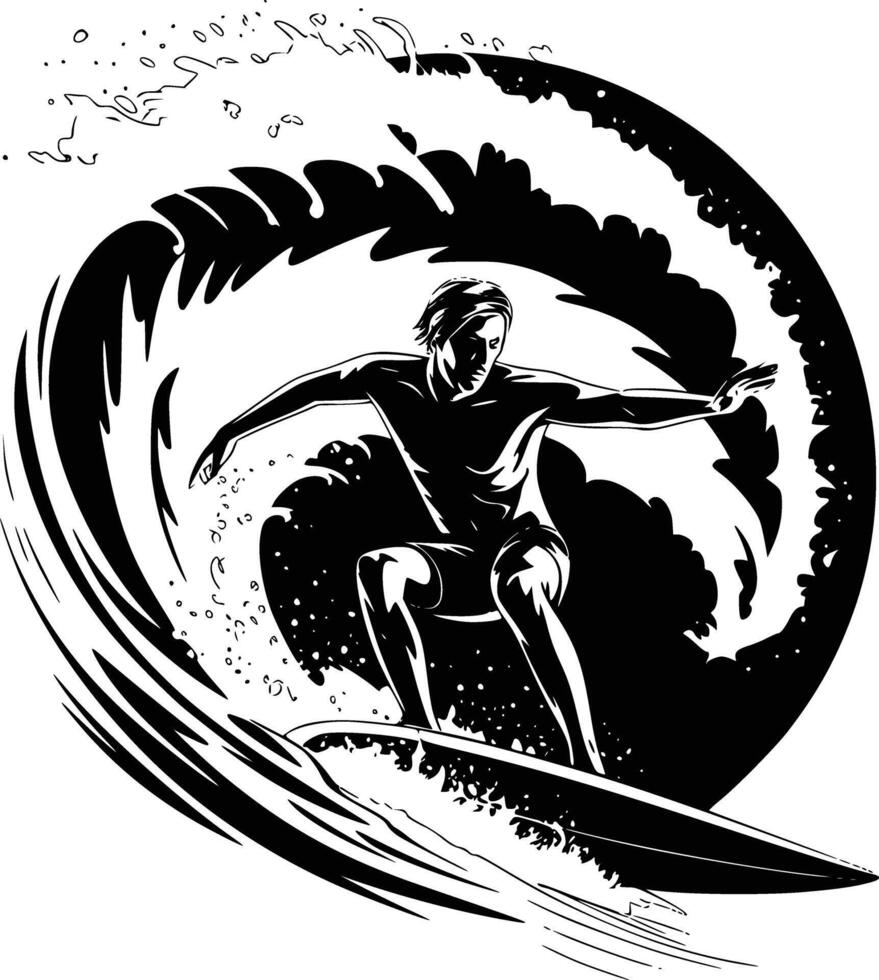 Black and white bold illustrations of a surfer riding wave, isolated on white background. vector