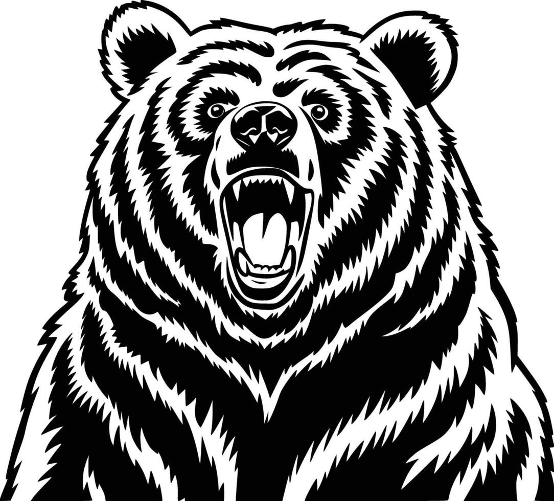 Black and white bold illustrations of a roaring bear, isolated on white background. vector
