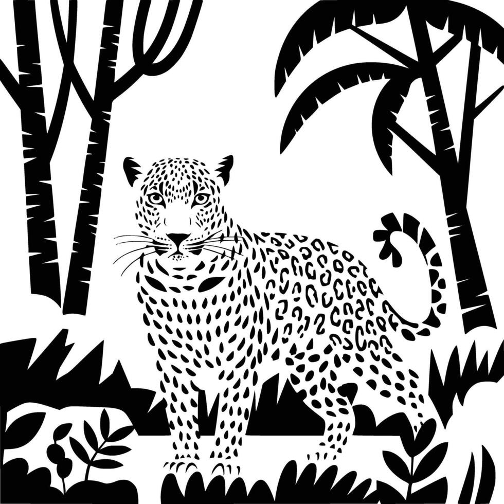 Black and white bold illustrations of a leopard in jungle, isolated on white background. vector