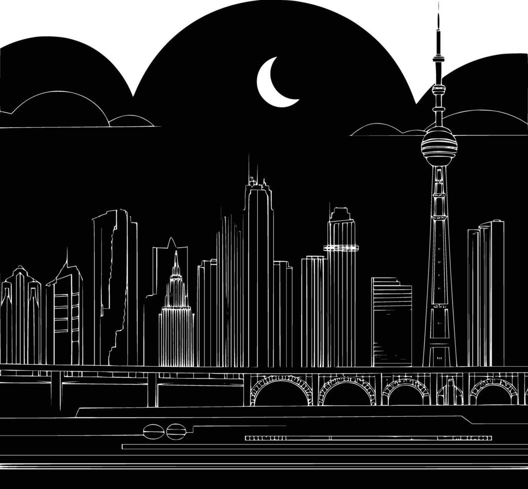 Black and white bold illustrations of a city skyline at night, isolated on white background. vector