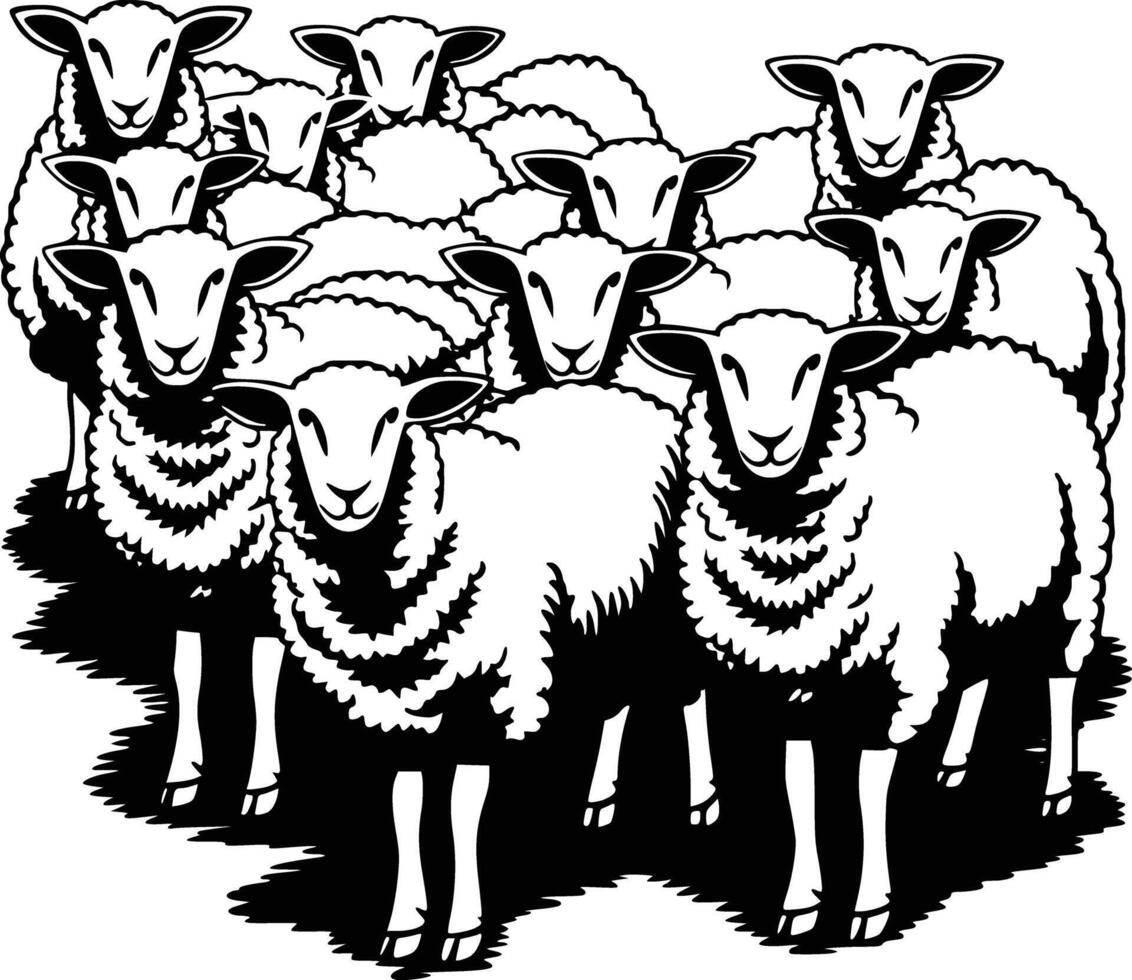 Black and white bold illustrations of a sheep flock, isolated on white background. vector