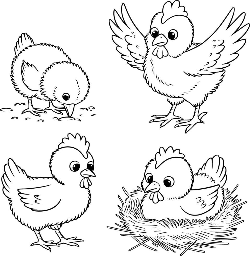 Bold black and white hand-drawn illustrations of 4 chickens doodling pecking at the ground, flapping wings, waddling in the yard, and nesting in hay, isolated on white. vector