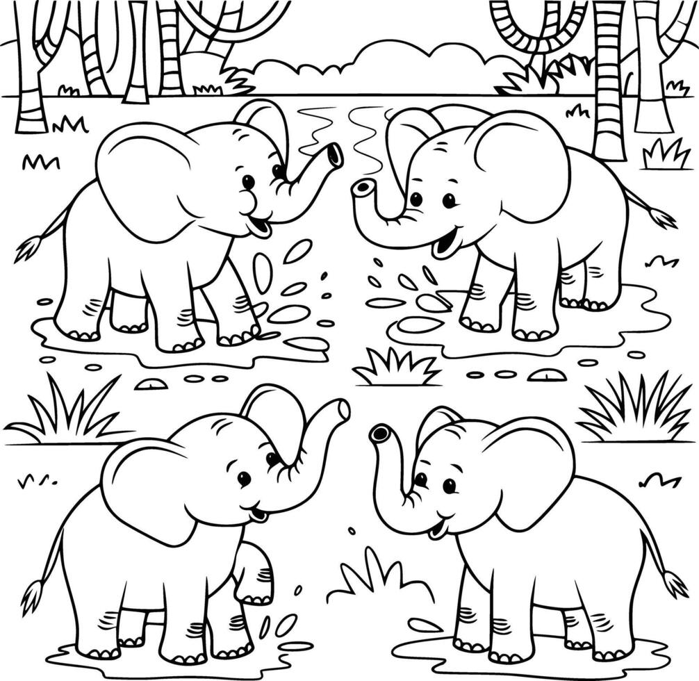Bold black and white hand-drawn illustrations of 4 playful elephants doodling exploring jungles, splashing in puddles, and having fun in the wild, isolated on white. vector