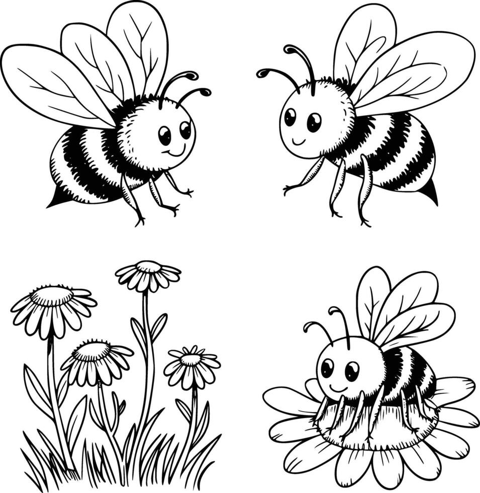 Bold black and white hand-drawn illustrations of 4 cute bees doodling buzzing around flowers, collecting nectar, flying through gardens, and resting on petals, isolated on white. vector