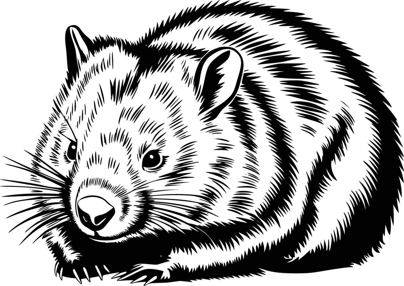 Black and white bold illustrations of a wombat resting, isolated on white background. vector