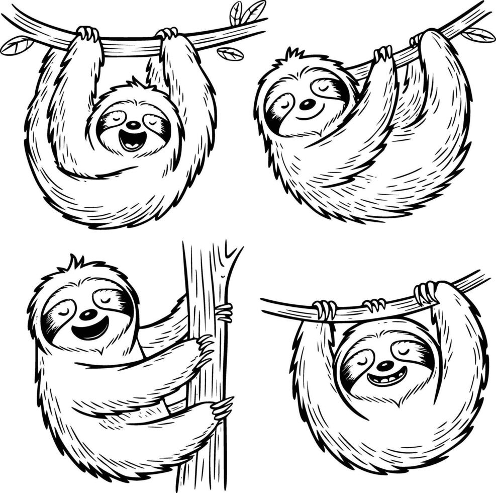 Bold black and white hand-drawn illustrations of 4 sloths doodling hanging from trees, yawning slowly, climbing lazily, and eating leaves, isolated on white. vector