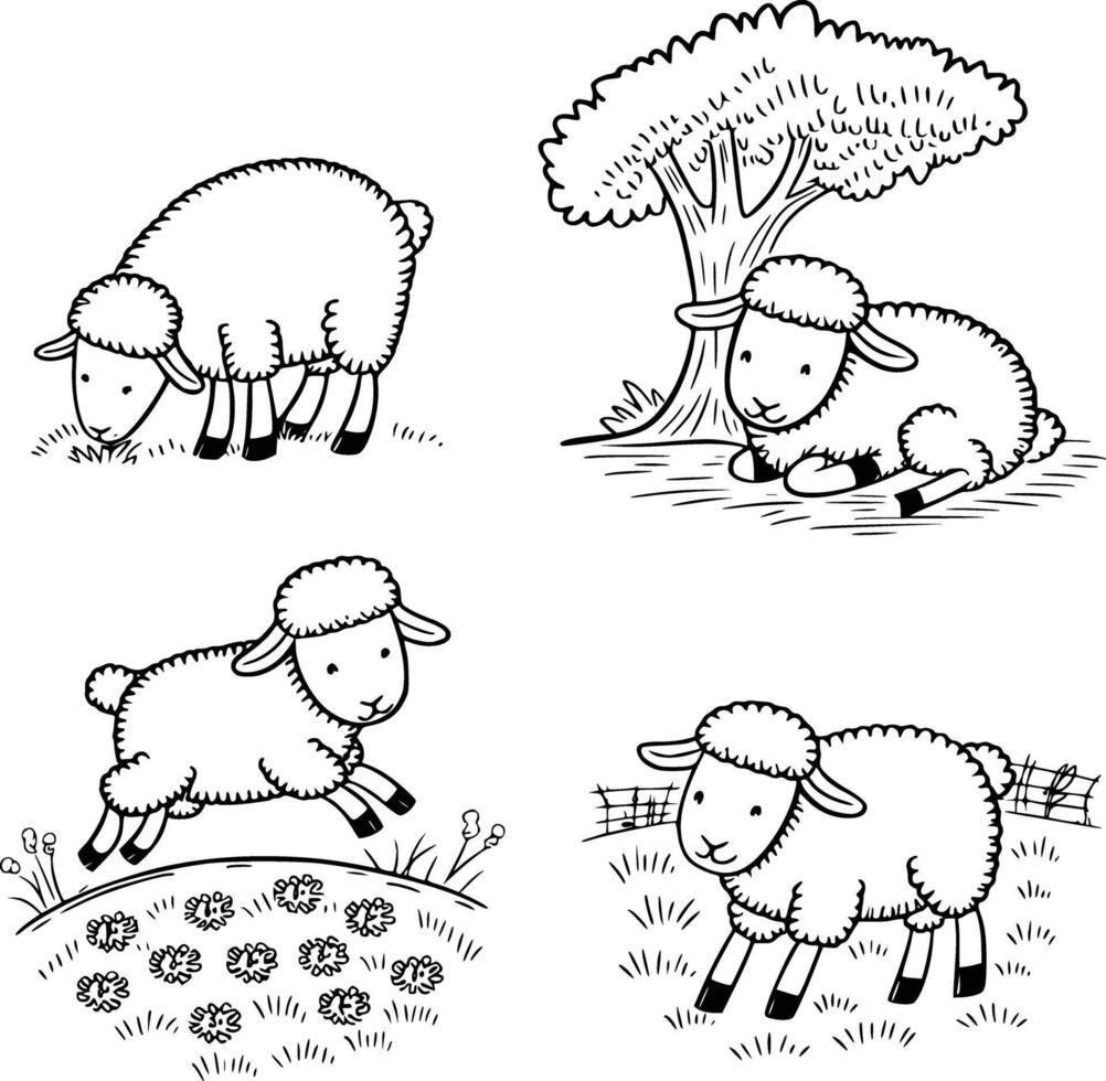 Bold black and white hand-drawn illustrations of 4 adorable sheep doodling grazing on grass, resting under trees, jumping through meadows, and playing in fields, isolated on white. vector