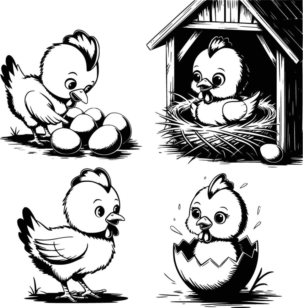 Bold black and white hand-drawn illustrations of 4 cute chicks doodling pecking at eggs, sitting in nests, running around barns, and hatching from eggs, isolated on white. vector