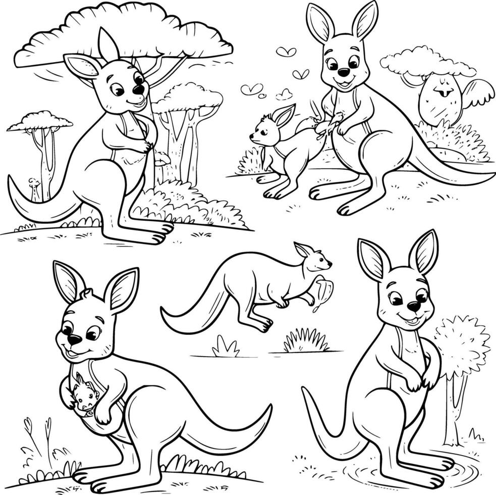 Bold black and white hand-drawn illustrations of 4 playful kangaroos doodling hopping through the Australian outback, carrying babies in pouches, and playing with other animals, isolated on white. vector