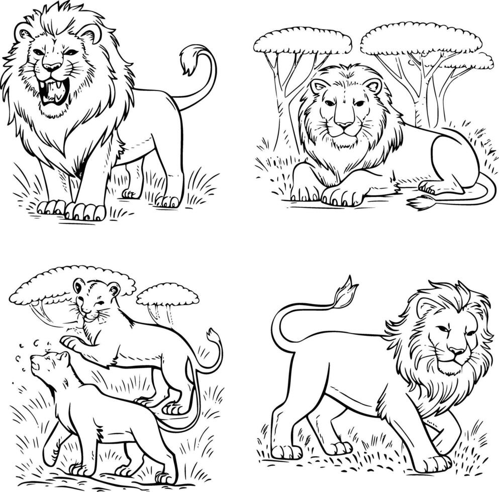 Bold black and white hand-drawn illustrations of 4 lions doodling roaring in the savanna, resting under trees, playing with cubs, and prowling through grasslands, isolated on white. vector