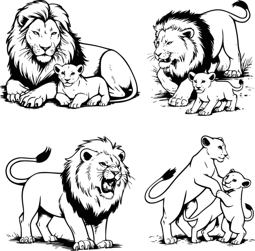 Bold black and white hand-drawn illustrations of 4 majestic lions doodling resting with cubs, hunting together, roaring in the savanna, and playing with their young, isolated on white. vector
