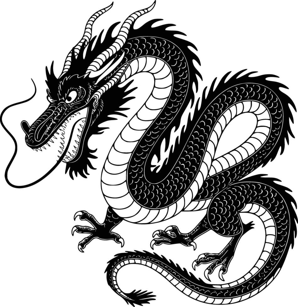 Black and white bold illustrations of a roaring dragon, isolated on white background. vector