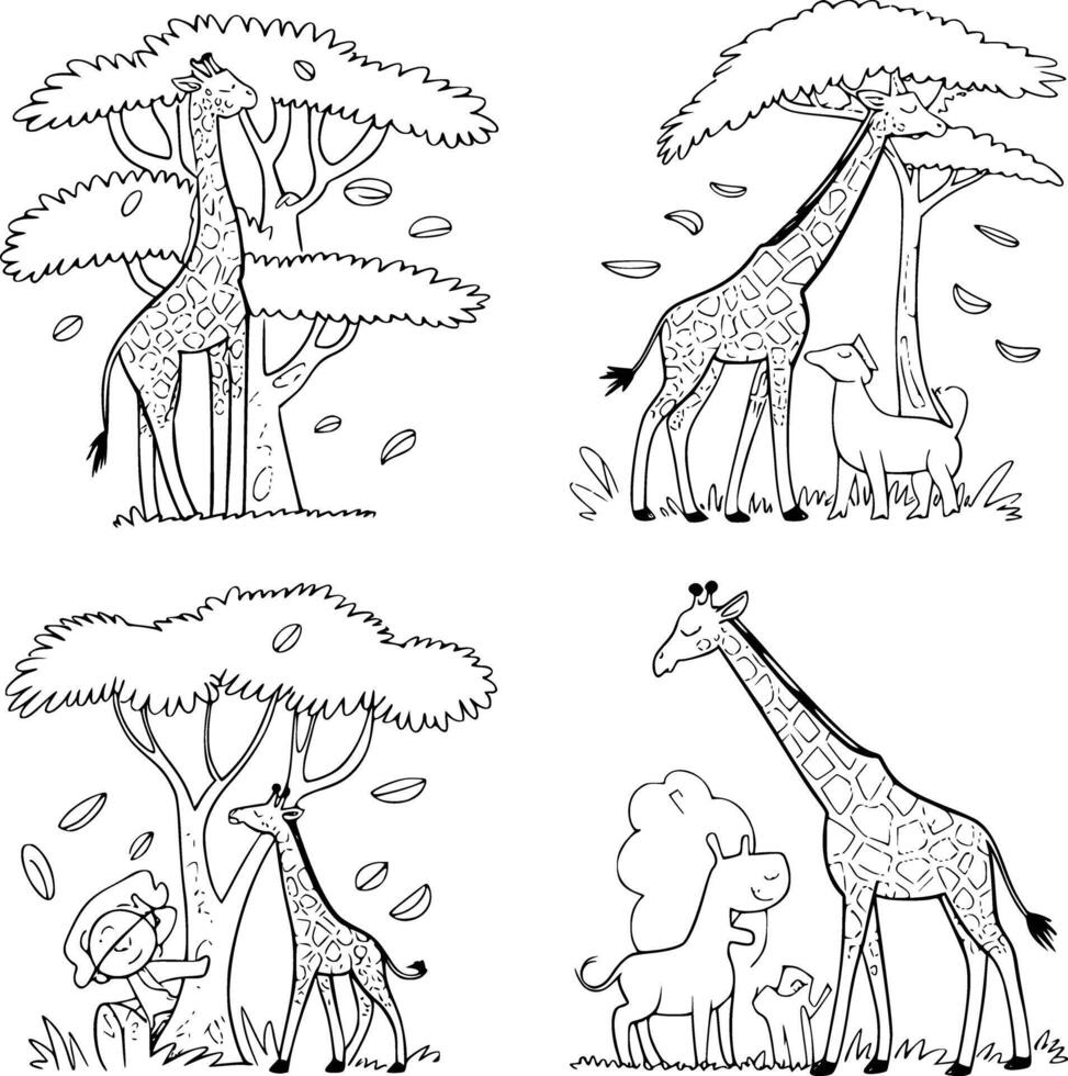Bold black and white hand-drawn illustrations of 4 cute giraffes doodling munching leaves from tall trees, stretching their necks, and playing with other animals, isolated on white. vector