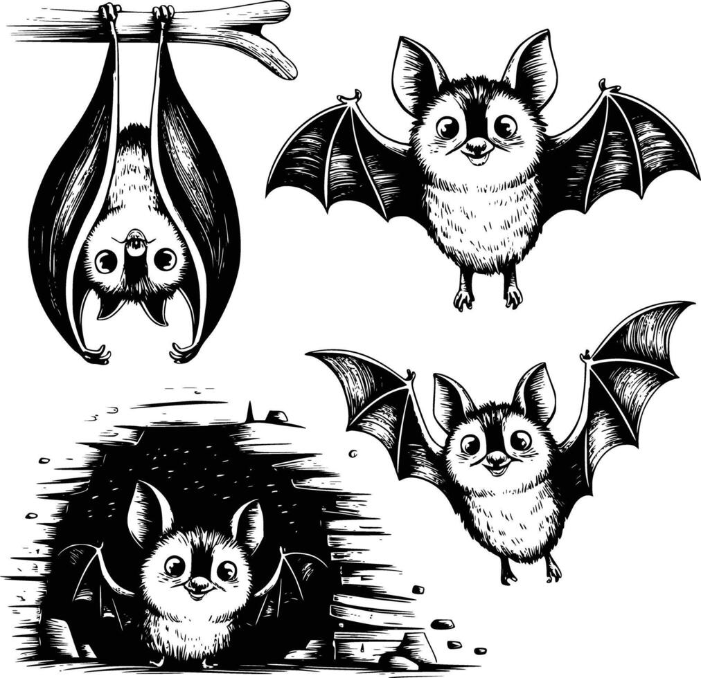 Bold black and white hand-drawn illustrations of 4 funny bats doodling hanging upside down, flying in the night, exploring caves, and swooping through the sky, isolated on white. vector