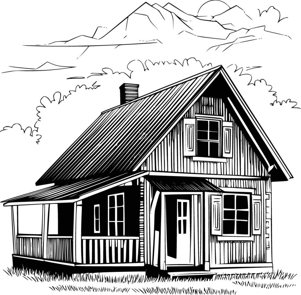 Black and white bold illustrations of a village house, isolated on white background. vector