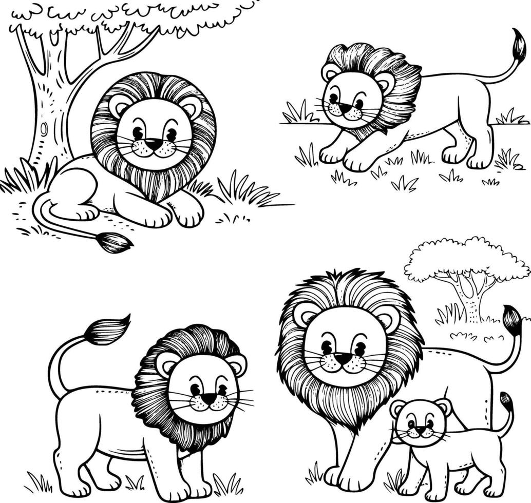 Bold black and white hand-drawn illustrations of 4 cute lions doodling resting under trees, hunting in the savanna, and playing with cubs, isolated on white. vector
