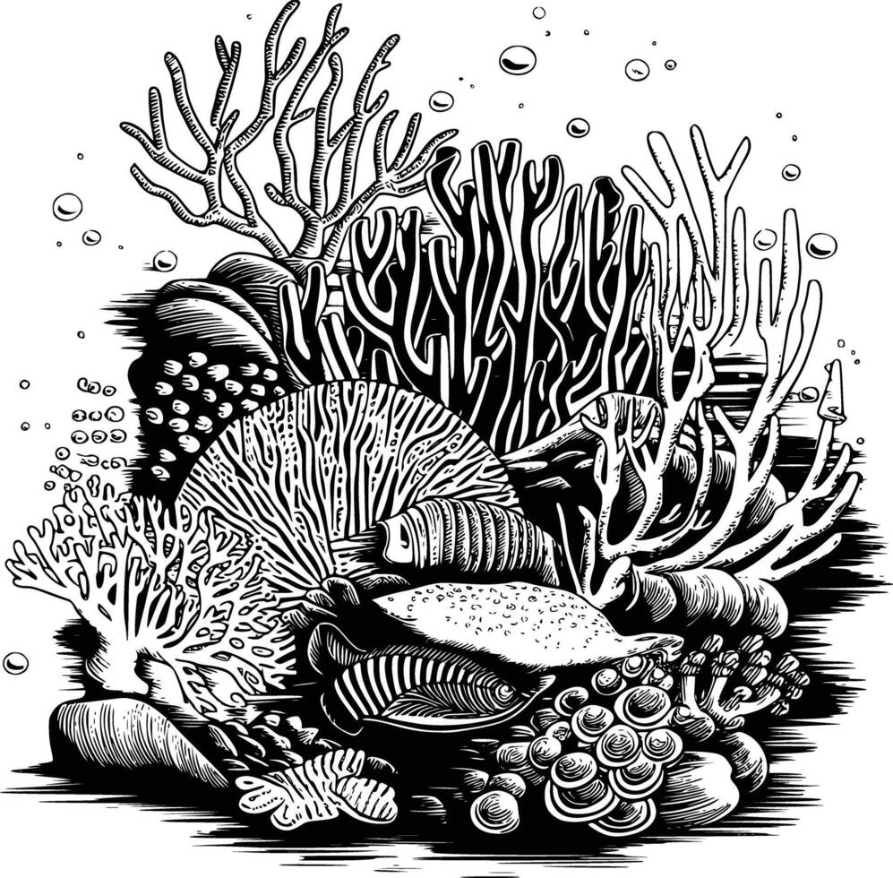 Black and white bold of a coral reef scene, isolated on white background. vector