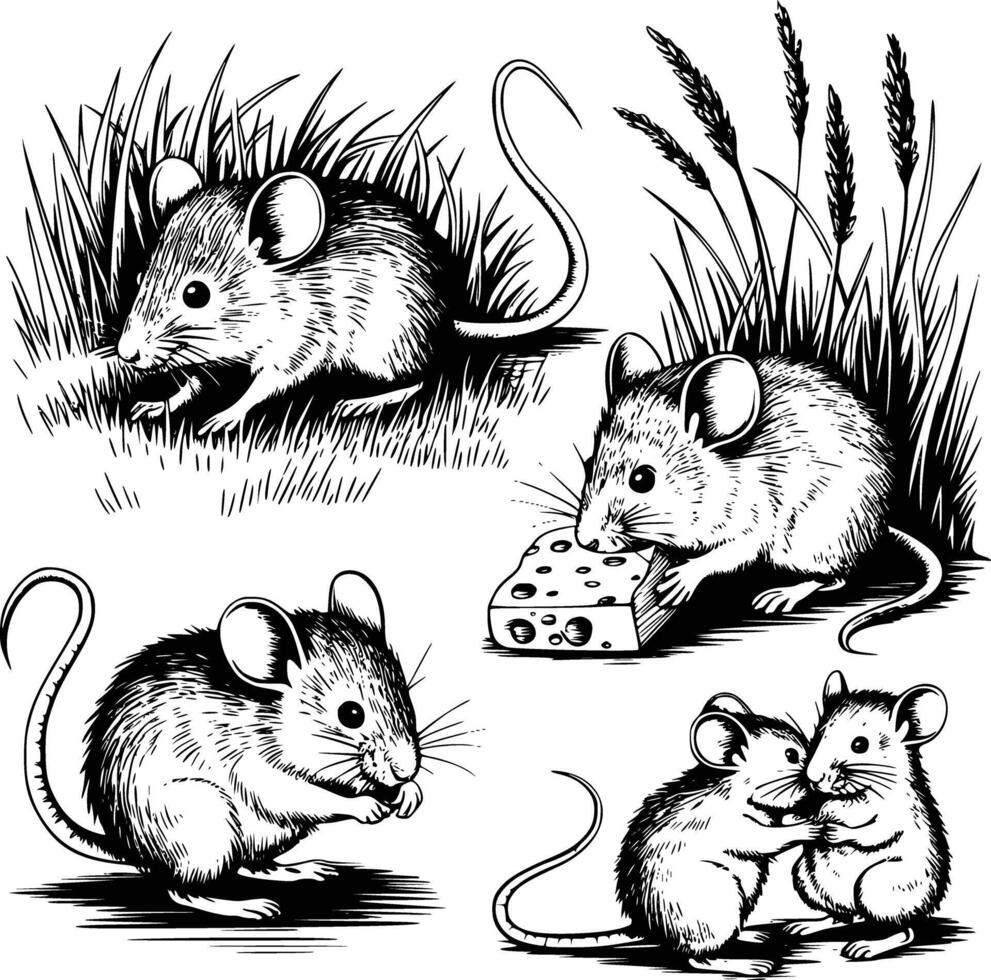 Bold black and white hand-drawn illustrations of 4 adorable mice doodling scurrying through fields, nibbling cheese, and playing with each other, isolated on white. vector