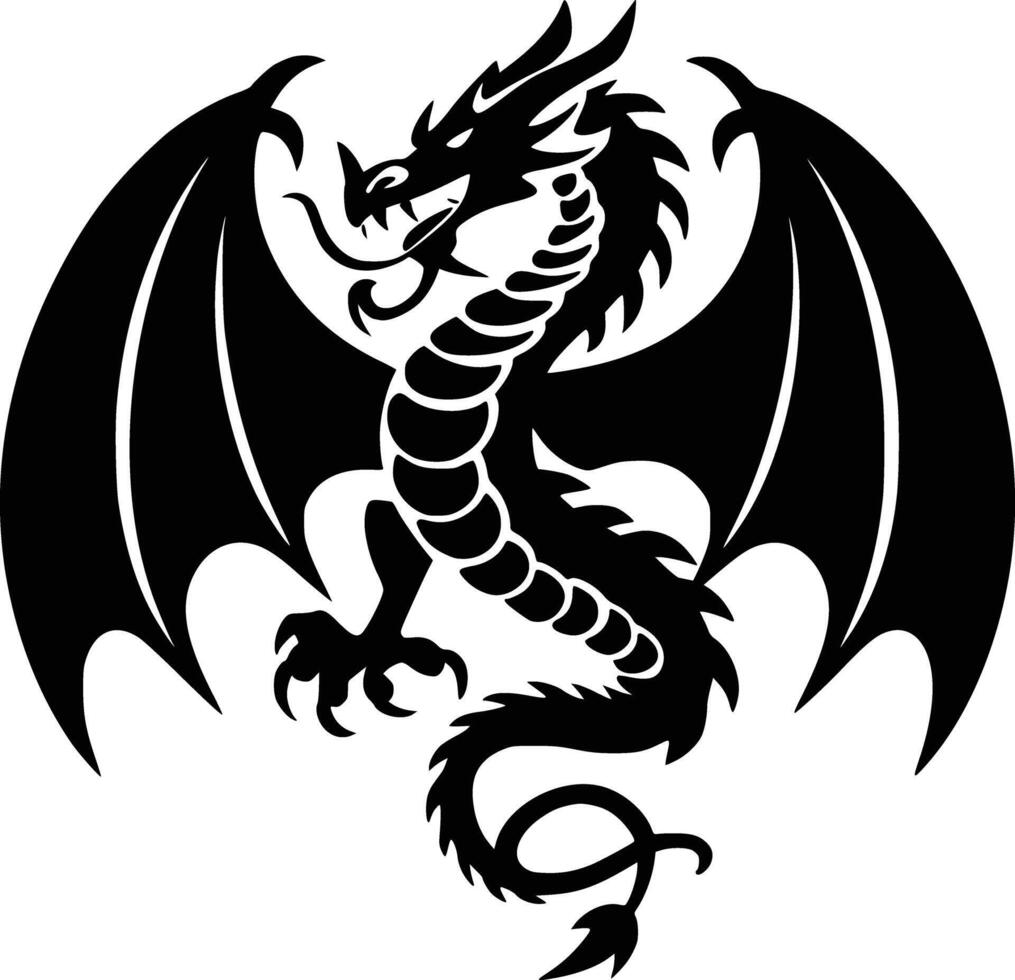 A black and white dragon with wings on a white background vector