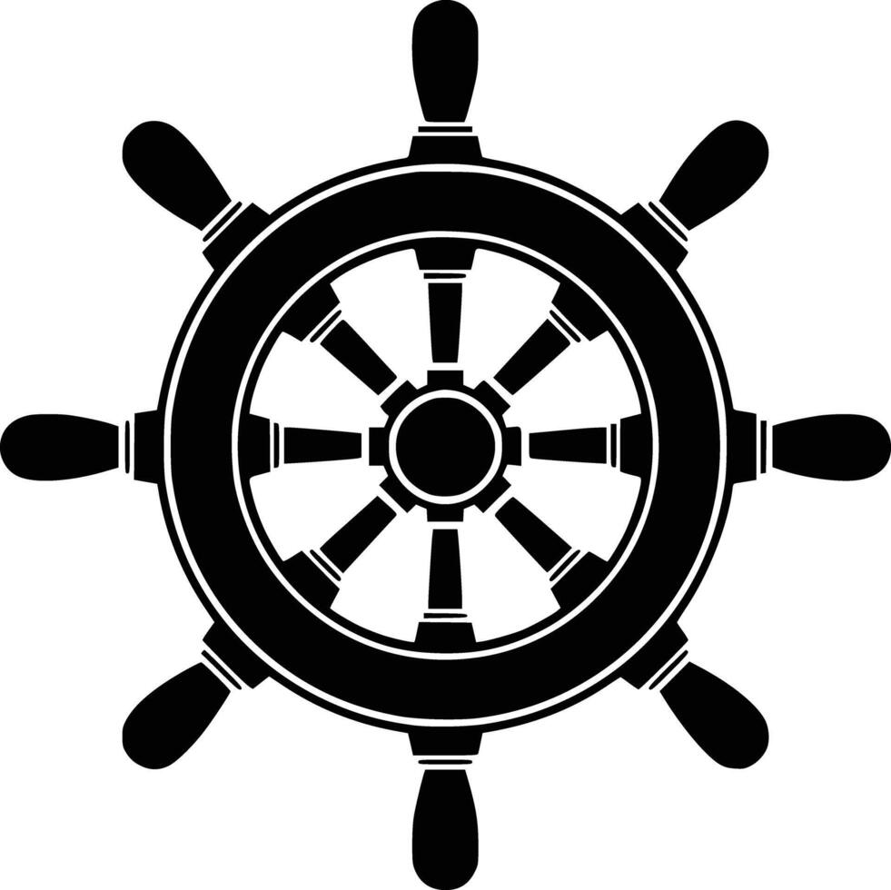 A black and white ship wheel with four spokes vector
