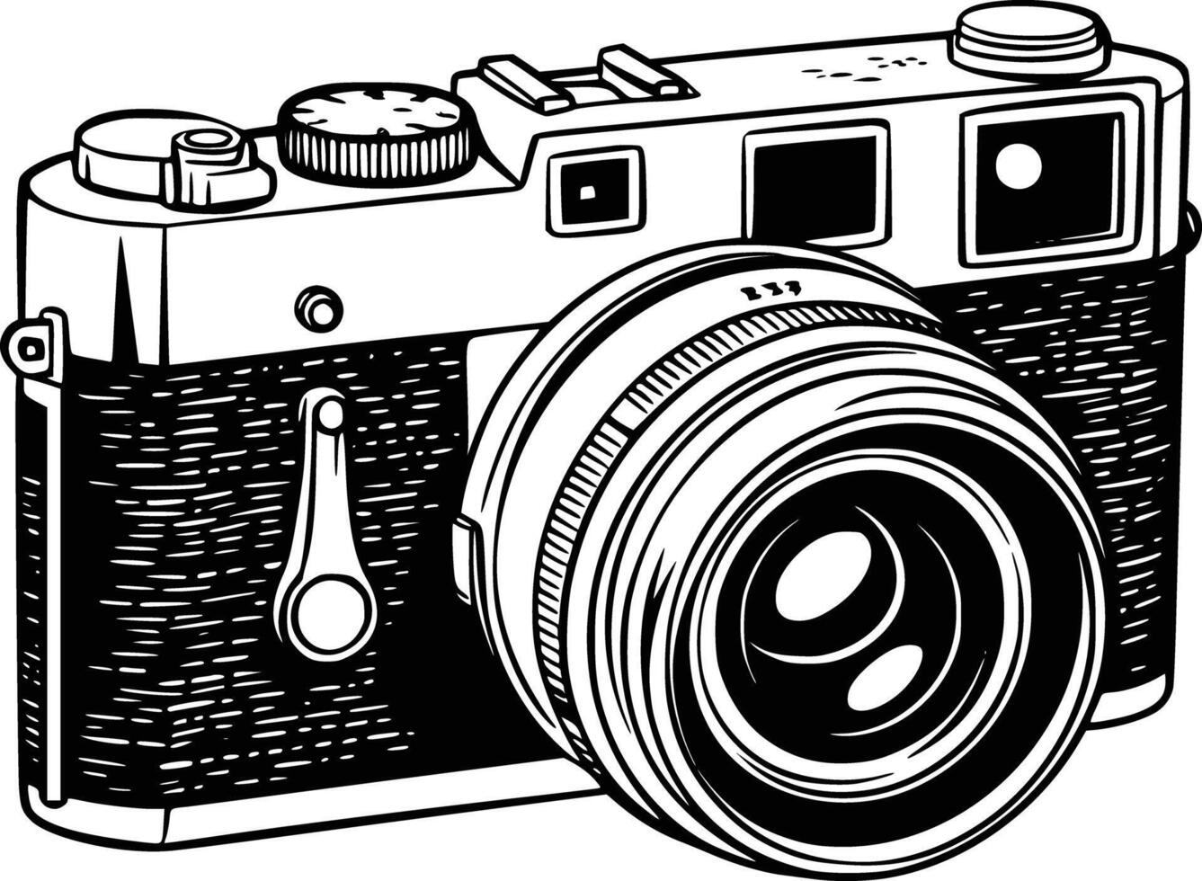 A black and white drawing of a camera vector