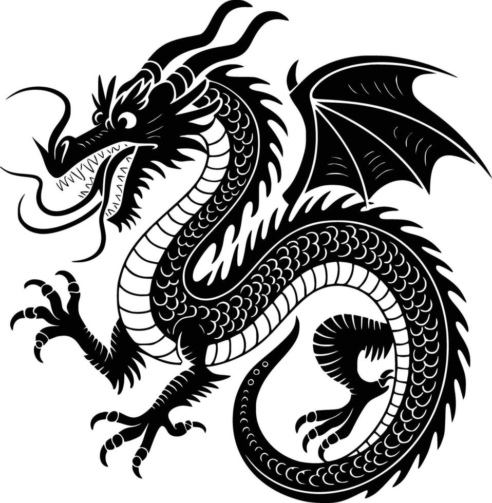 A black and white dragon with wings and tail vector