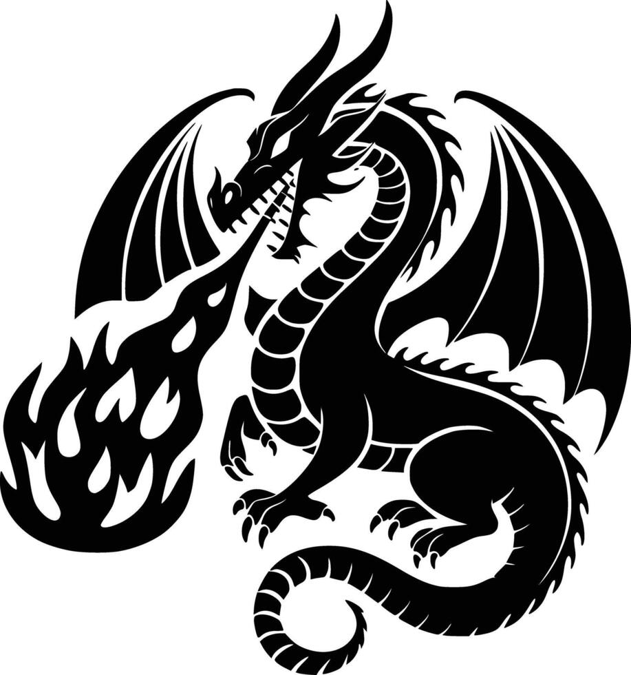 A black and white dragon with flames on its back vector