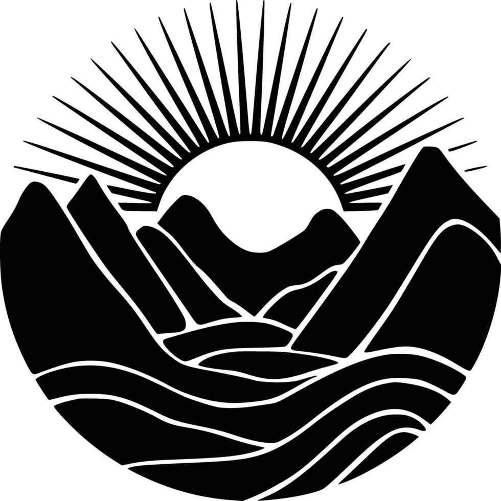 A black and white logo of mountains and sun vector