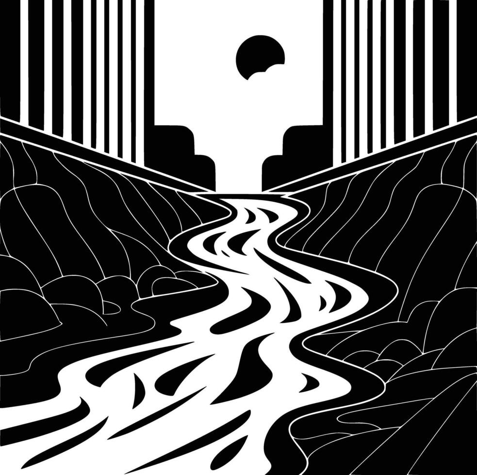 A black and white illustration of a river vector