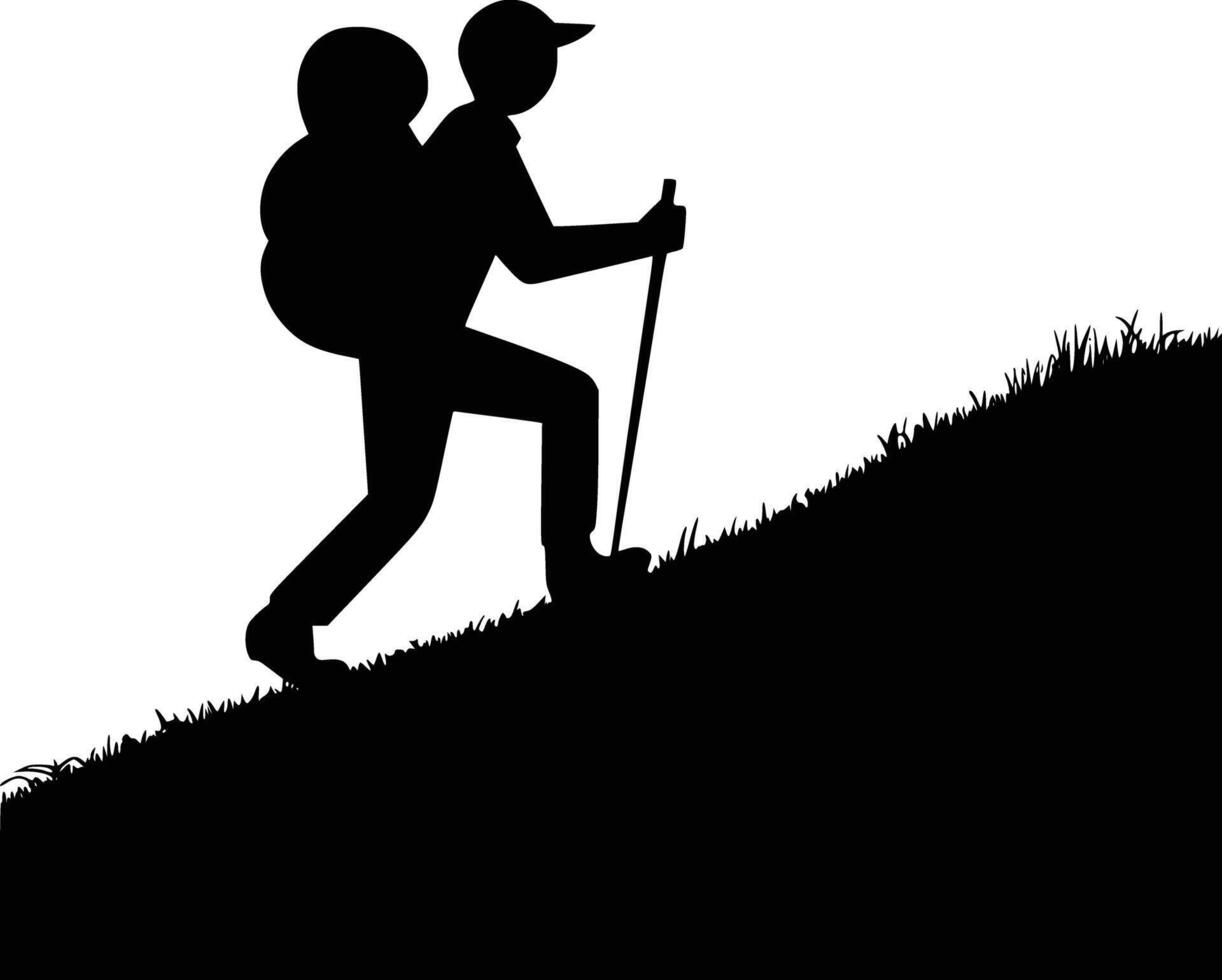 Silhouette of a hiker with backpack and poles vector