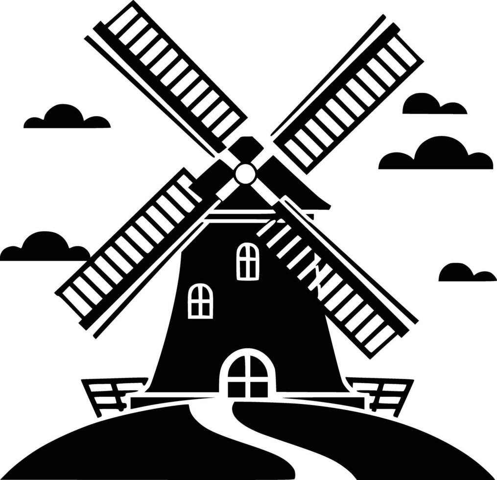 A black and white windmill on a hill vector
