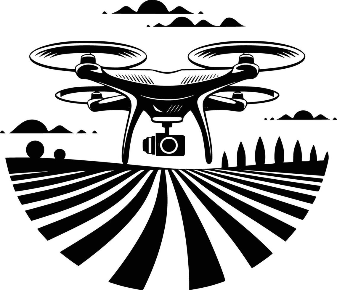 A black and white logo of a drone flying over a field vector