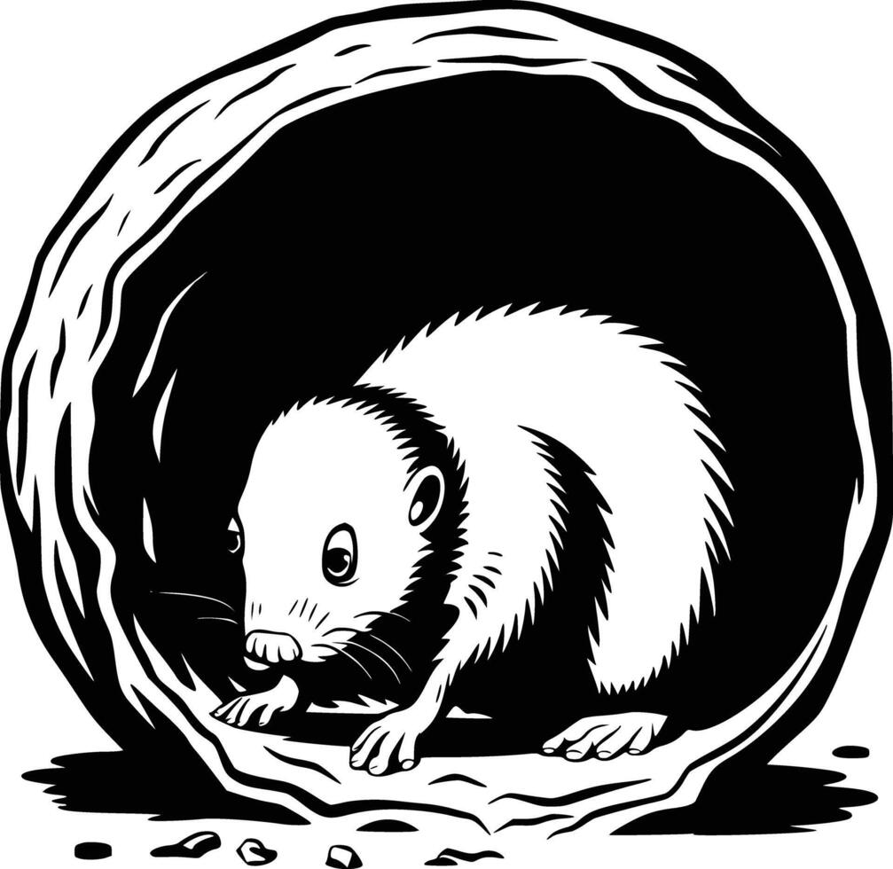 A black and white illustration of a rat in a hole vector