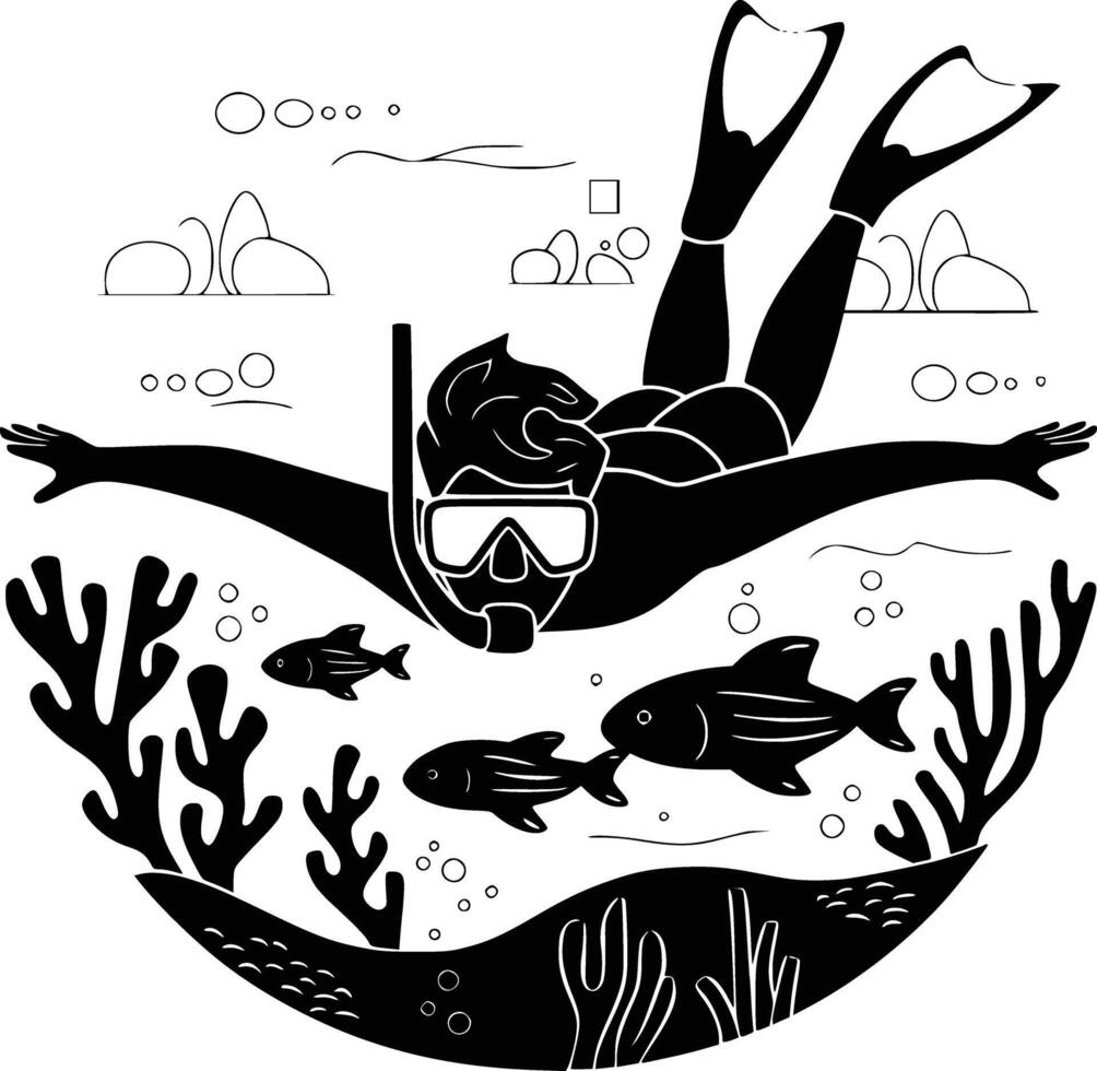 A black and white illustration of a man diving with fish vector