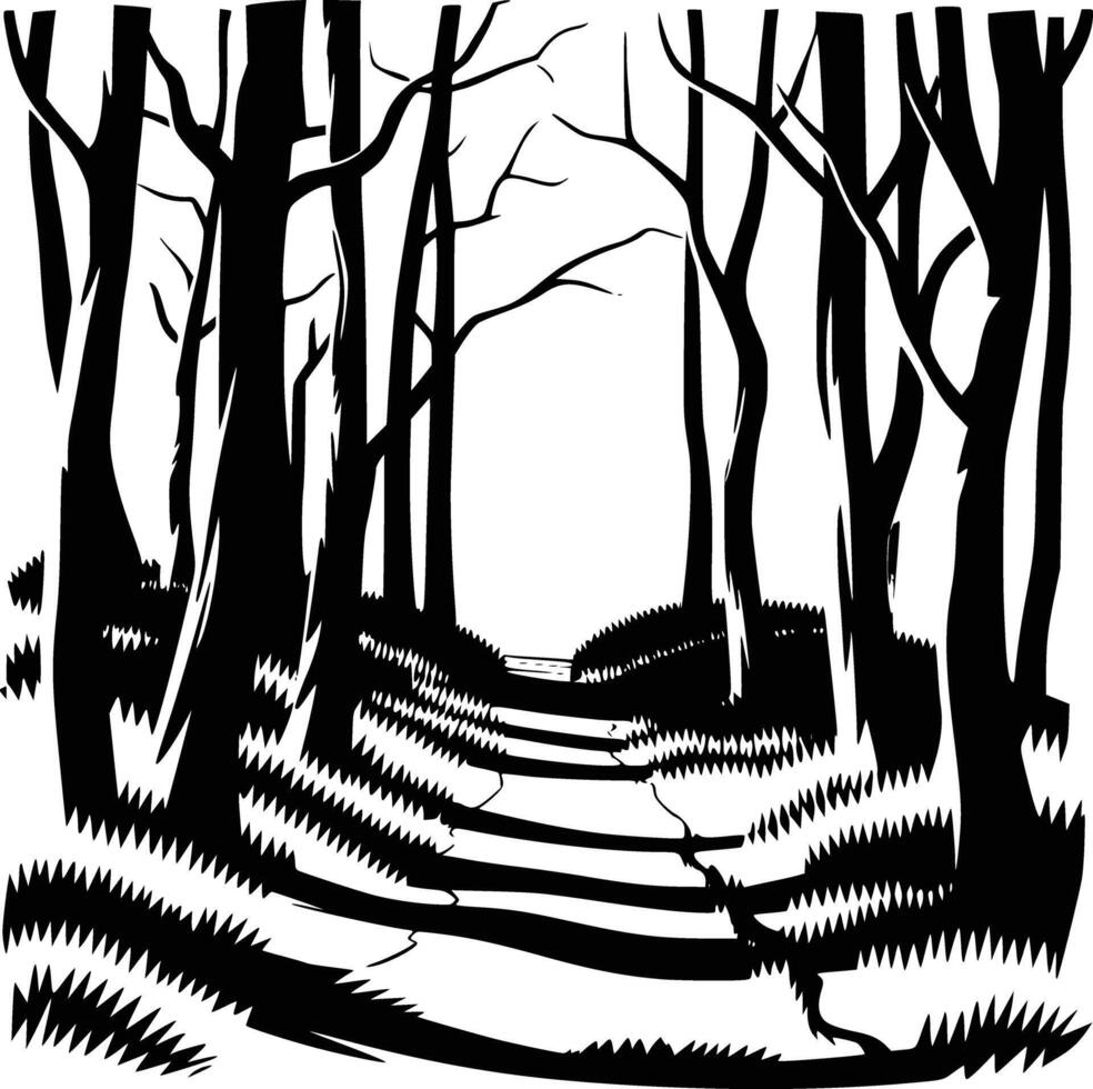 A black and white drawing of a path in the woods vector