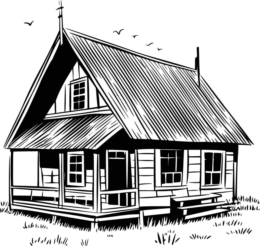 A black and white drawing of a small house vector