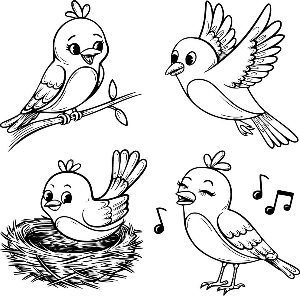 Four cartoon birds with music notes and nest vector