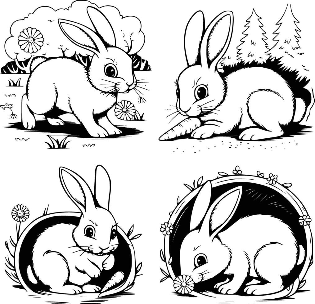 Four black and white rabbits in the forest vector