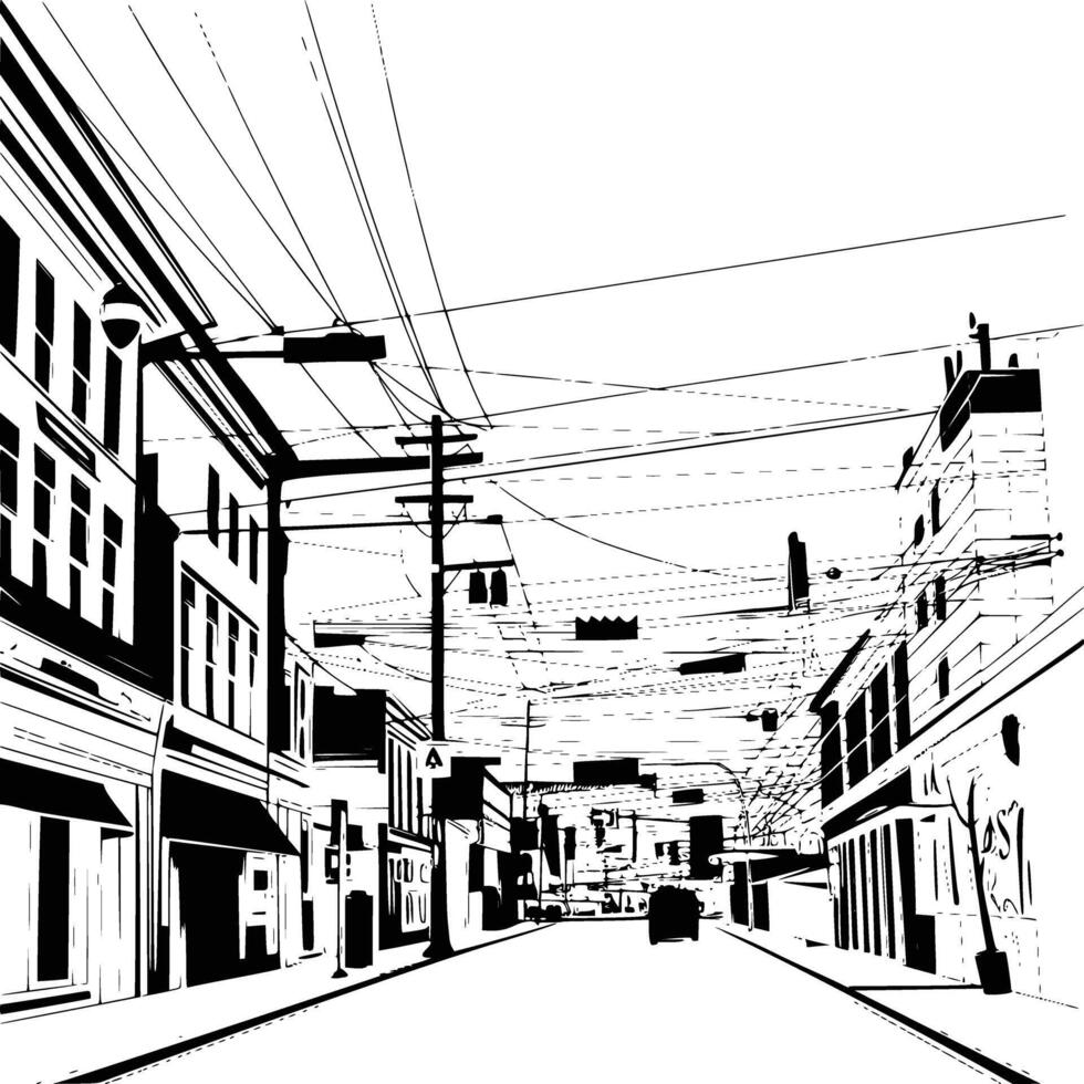 An illustration of a city street with buildings and power lines vector