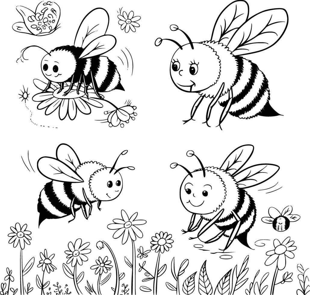 Coloring pages for kids with bees and flowers vector