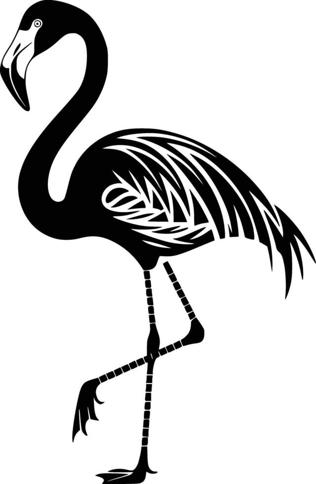 A black and white silhouette of a flamingo and white isolated background vector